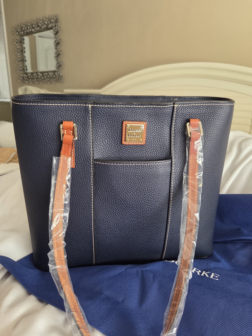 Dooney & Bourke Navy Pebble Leather Tote with Tan Straps and Gold Hardware